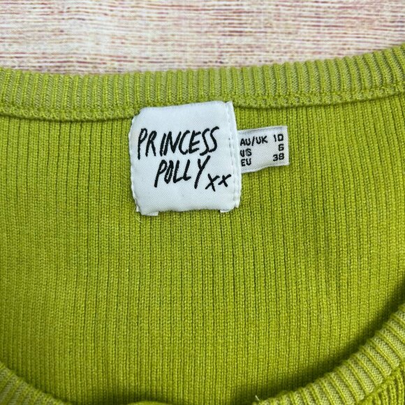 Princess Polly Womens 6 Crop Top Green Ribbed Tie Front Short Sleeve Y2K - Picture 9 of 11